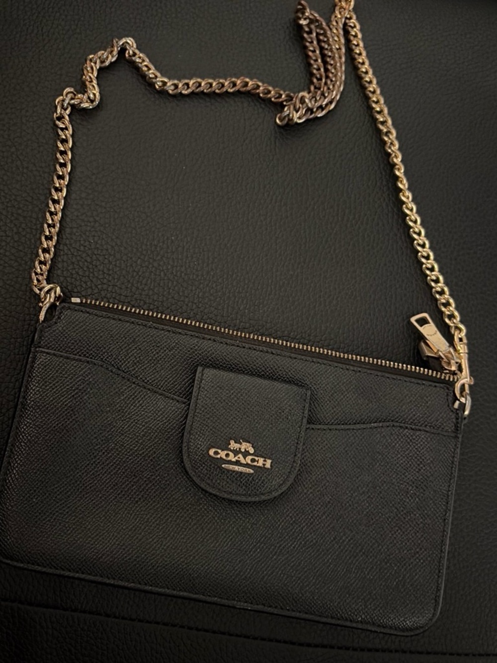 Coach Black Leather Crossbody with Gold Chain Strap
